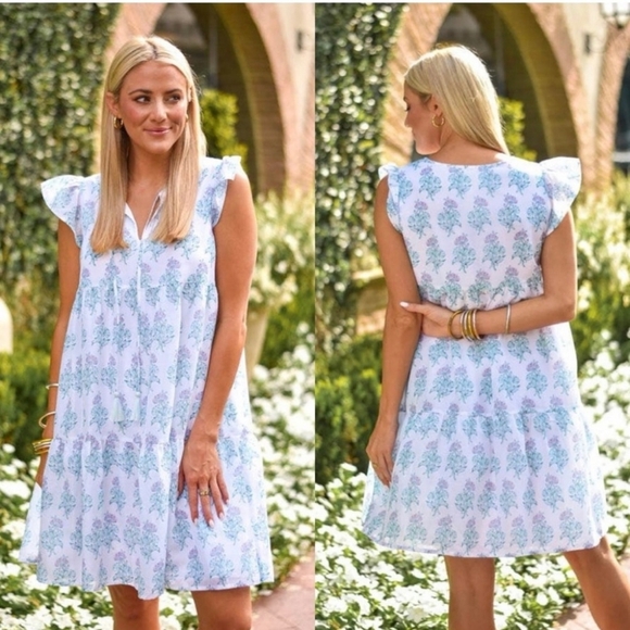 J. Marie NWT Cecilia Ruffle Flutter Sleeve Blockprint Floral Tiered Dress Sz M - Picture 1 of 13